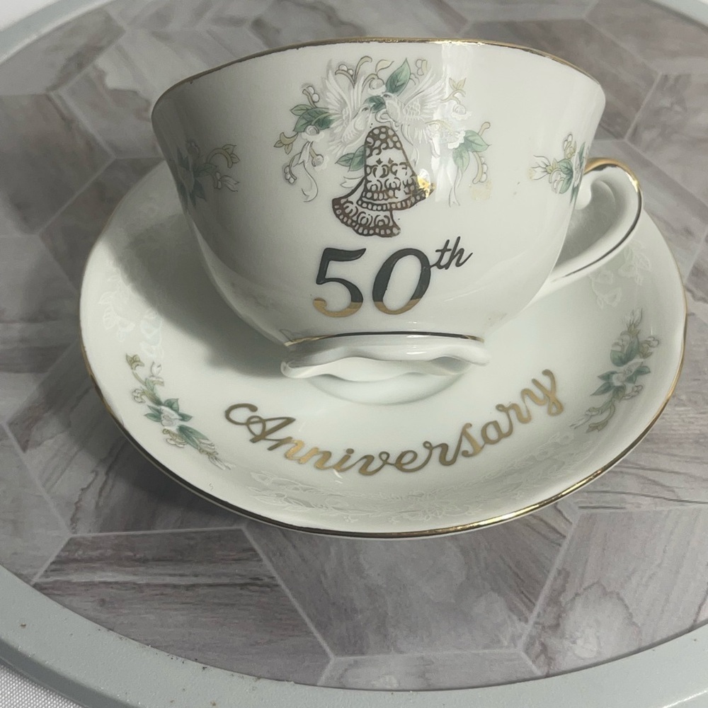 Vintage Lefton China 50th Anniversary Teacup & Saucer Set Gold Trim Japan